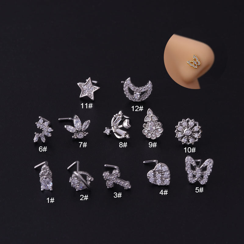 Titanium Steel L Screw Bar Stylish Butterfly Zircon Nose Stud