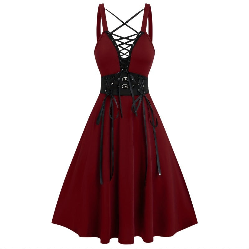 Gothic Lace-up Buckle Cross Deep V-neck Solid Color High Waist A- Line Plus Size Dress