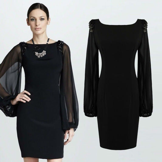 Chiffon Long Sleeve Shoulder Beaded Elegant Dress